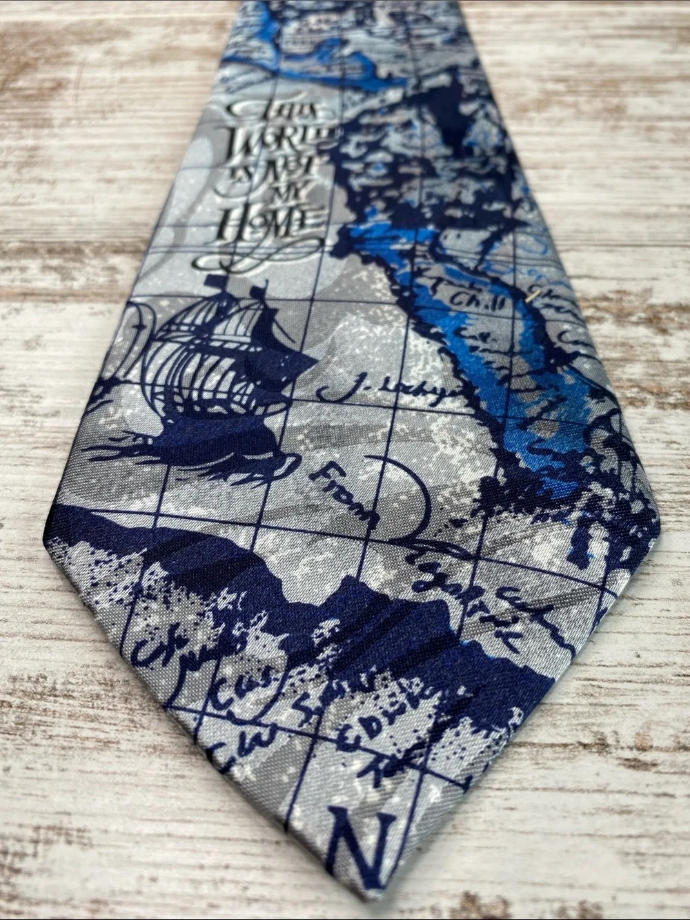 Steven Harris Gospel Quote Necktie Blue Gray Vintage Nautical Ship Map